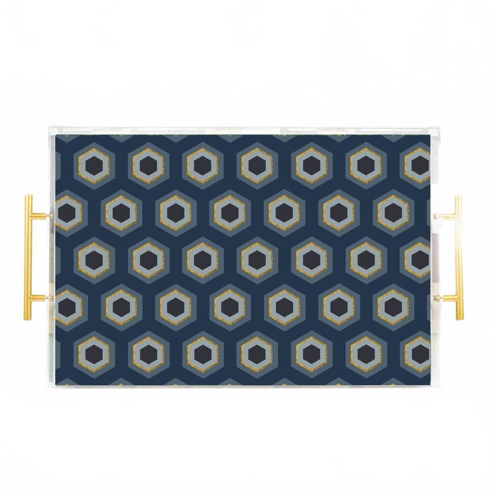 NEW MOD LOUNGE PAPER COMPANY hexagon acrylic serving tray with handle in blue